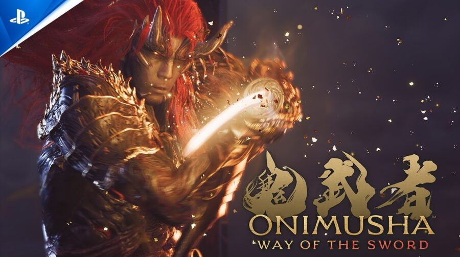 Guerreiro demoníaco de cabelos vermelhos ergue espada; logo ONIMUSHA: WAY OF THE SWORD em fundo escuro com faíscas.