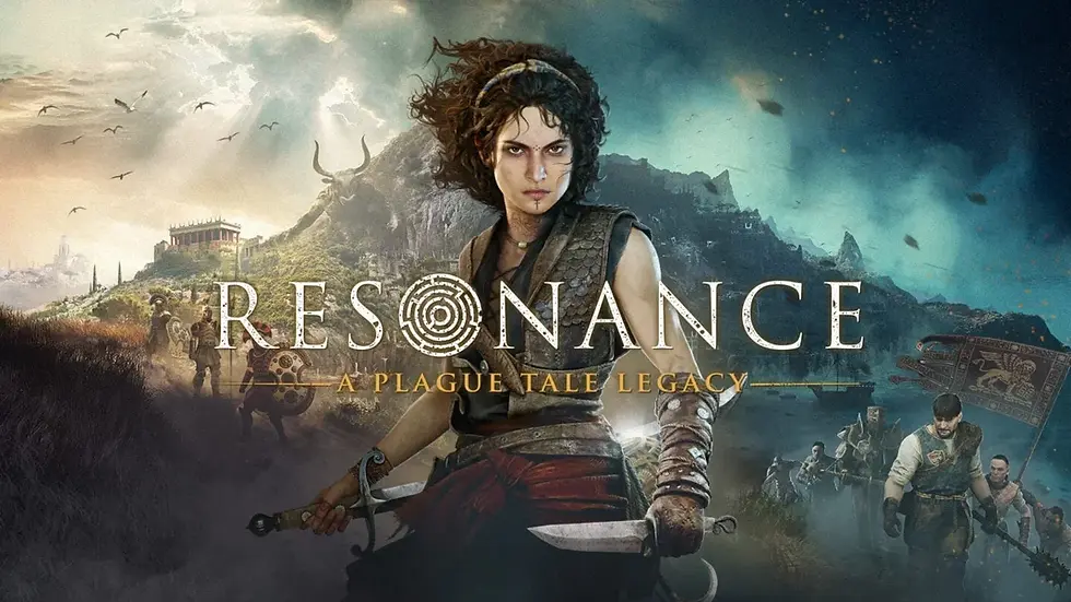 Mulher guerreira com espada e adaga em paisagem medieval; título RESONANCE: A PLAGUE TALE LEGACY.