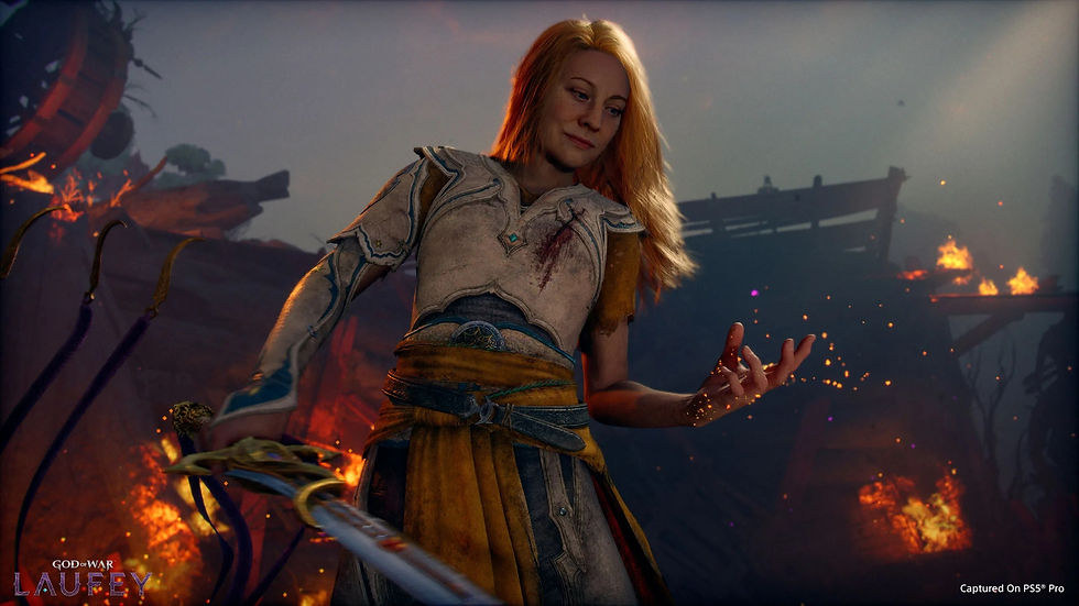 Mulher ruiva com armadura em cenário em chamas, mão erguida, expressão serena; texto: GOD OF WAR LAUFEY.