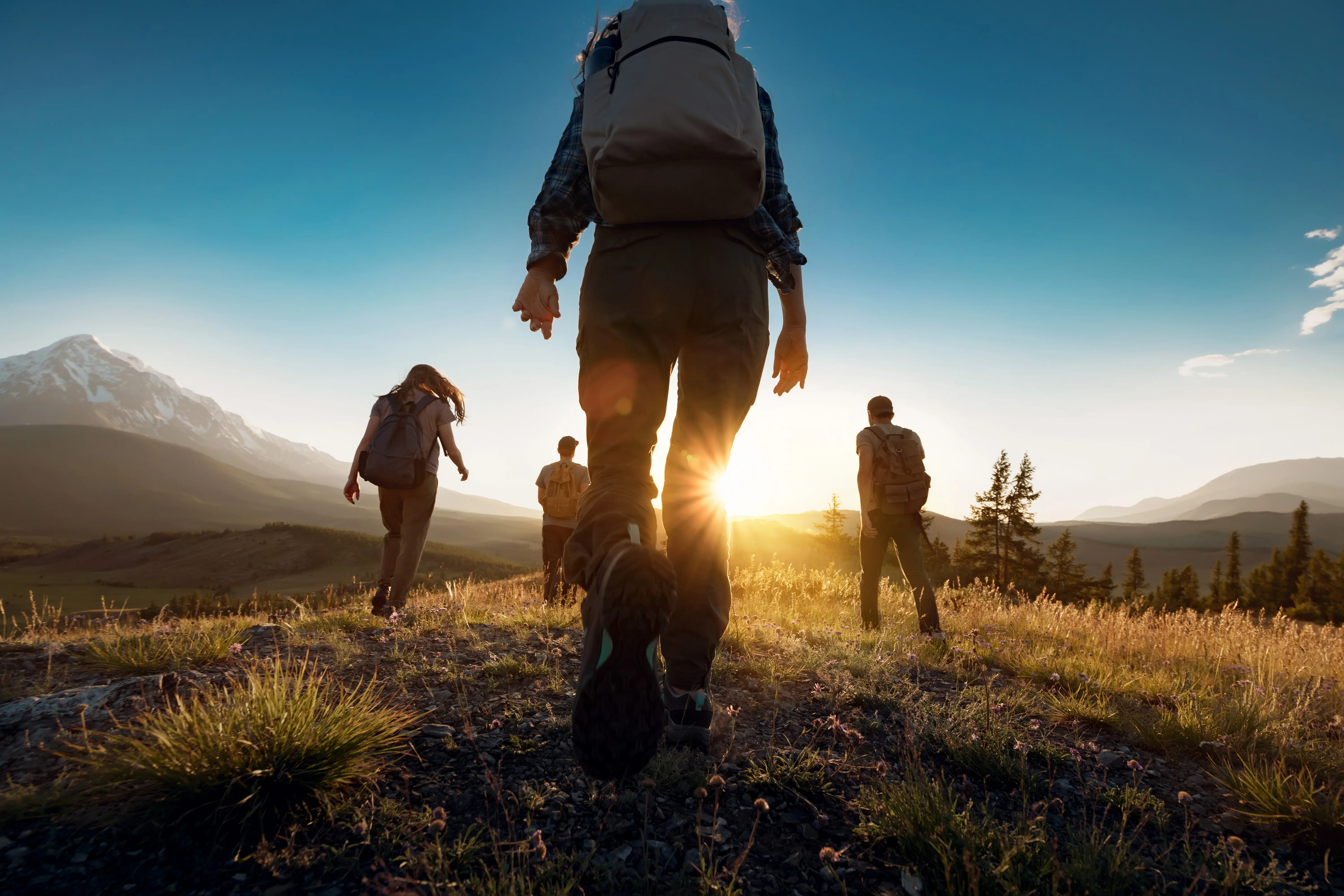 Group hiking in the mountains