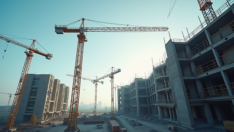 Wide angle view of a modern construction site with cranes and scaffolding