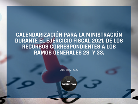 Calendarización para la ministración de los Ramos 28 y 33 para el ejercicio fiscal 2021.