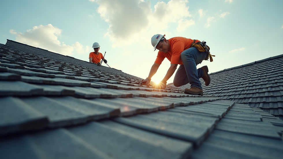 Eye-level view of a JM-Construction LLC roofing team at work
