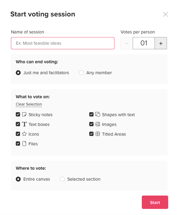 Screenshot von Hinweisfeld von Start voting Sessionin Mural
