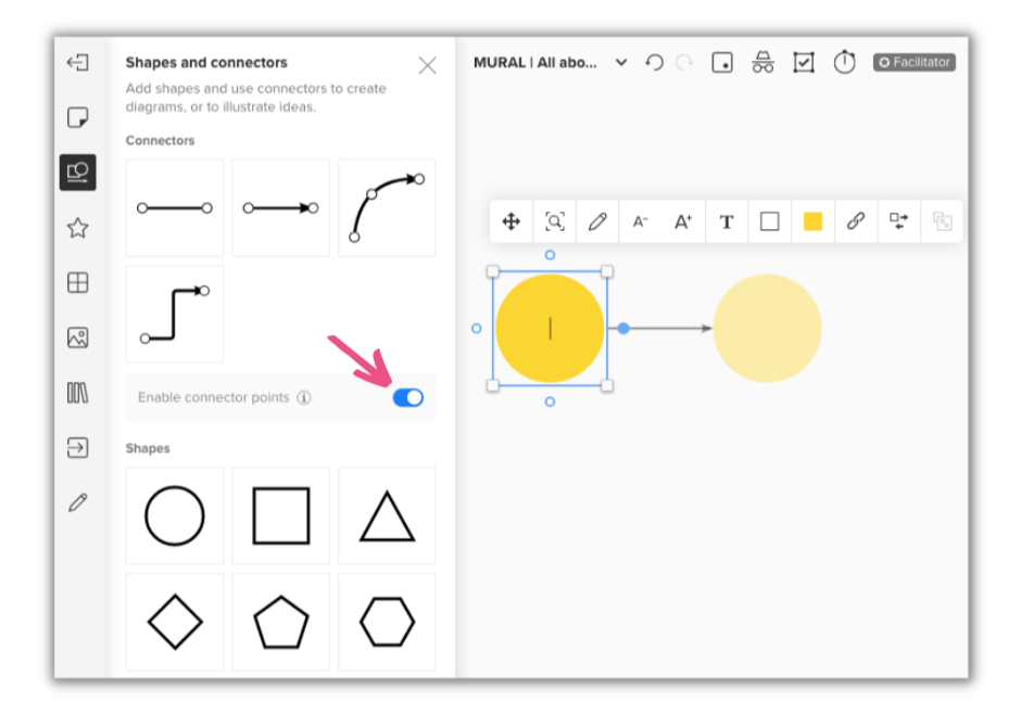 Screenshot vom Mural Board mit ausgeklappten Menü "Shapes and connectors"
