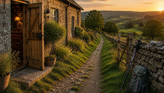 A footpath with a hiking pole and backpack leaning against the wall opposite an opposite cottage door.