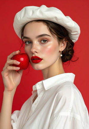 Firefly_genera donna ritratto. 3-4. fondo rosso. ha una mela rossa in mano che sta avvicin