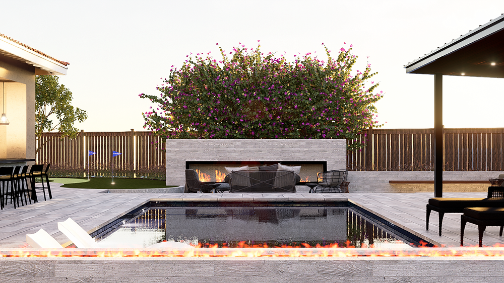 Modern outdoor fireplace design for custom outdoor living space in Morgan Hill, CA.