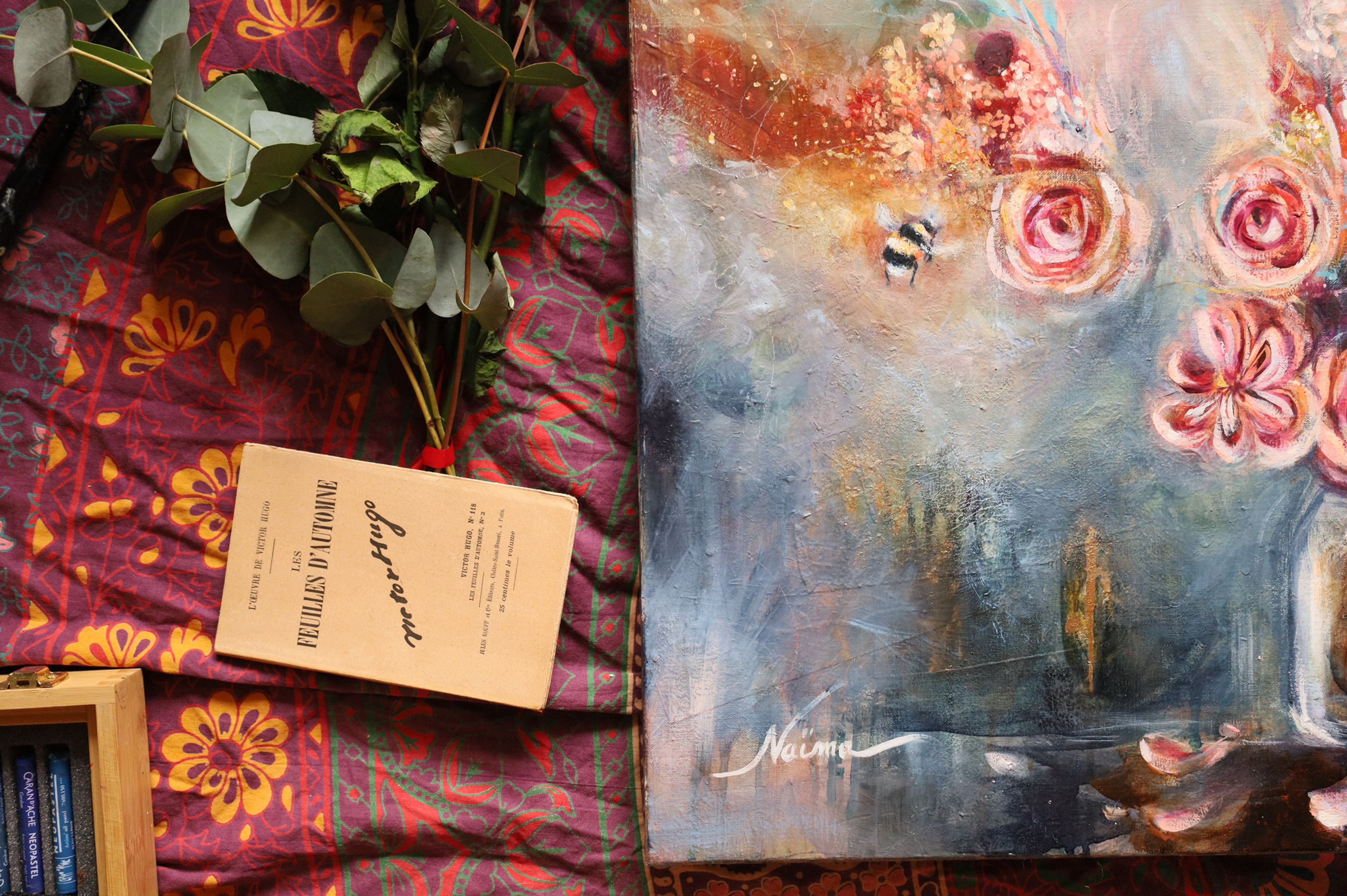 Beautiful roses flower bouquet oil painting, bumblebee art, divine feminine art, sacred feminine energy