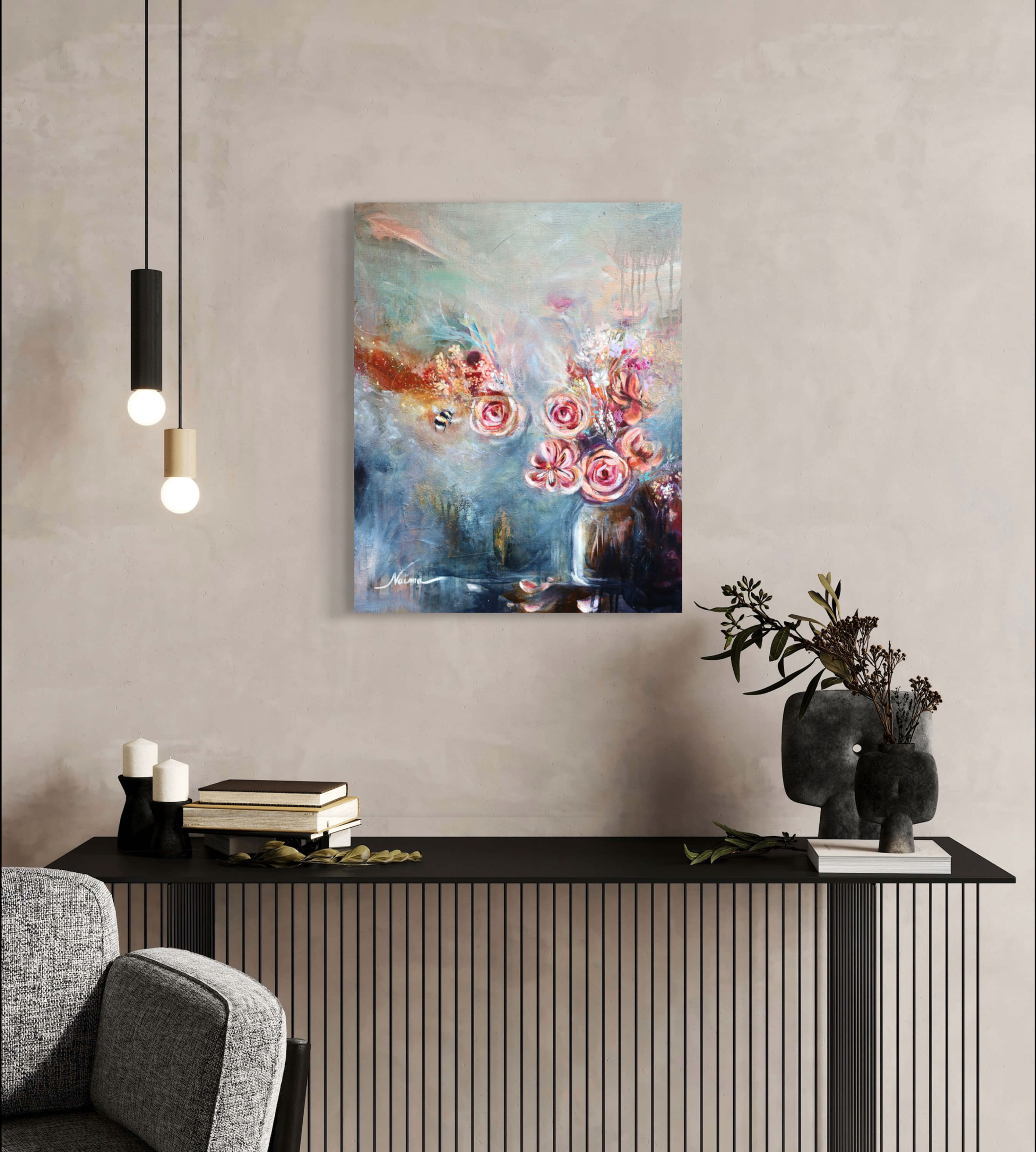 Beautiful roses flower bouquet oil painting, bumblebee art, divine feminine art, sacred feminine energy