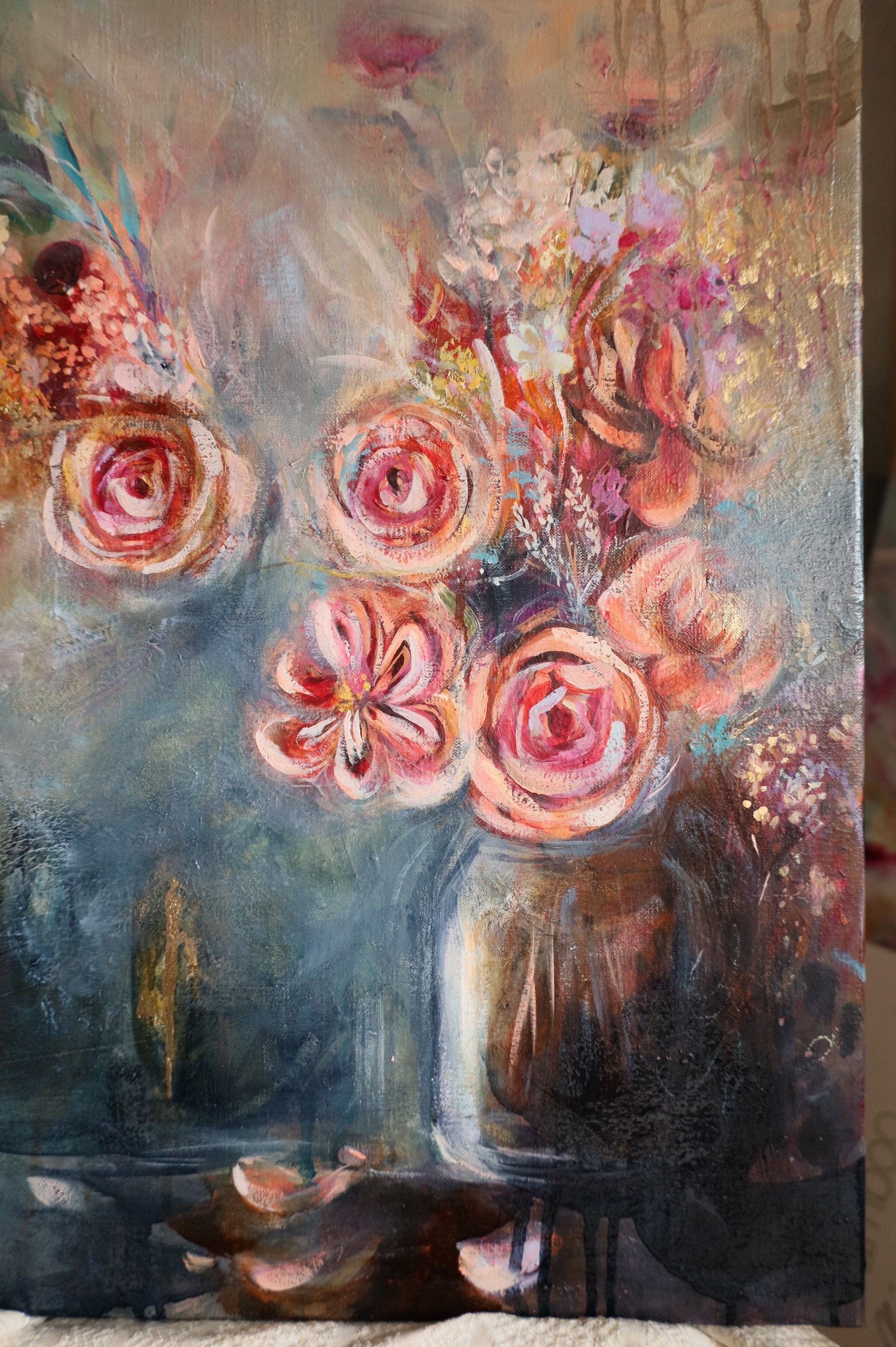 Beautiful roses flower bouquet oil painting, bumblebee art, divine feminine art, sacred feminine energy