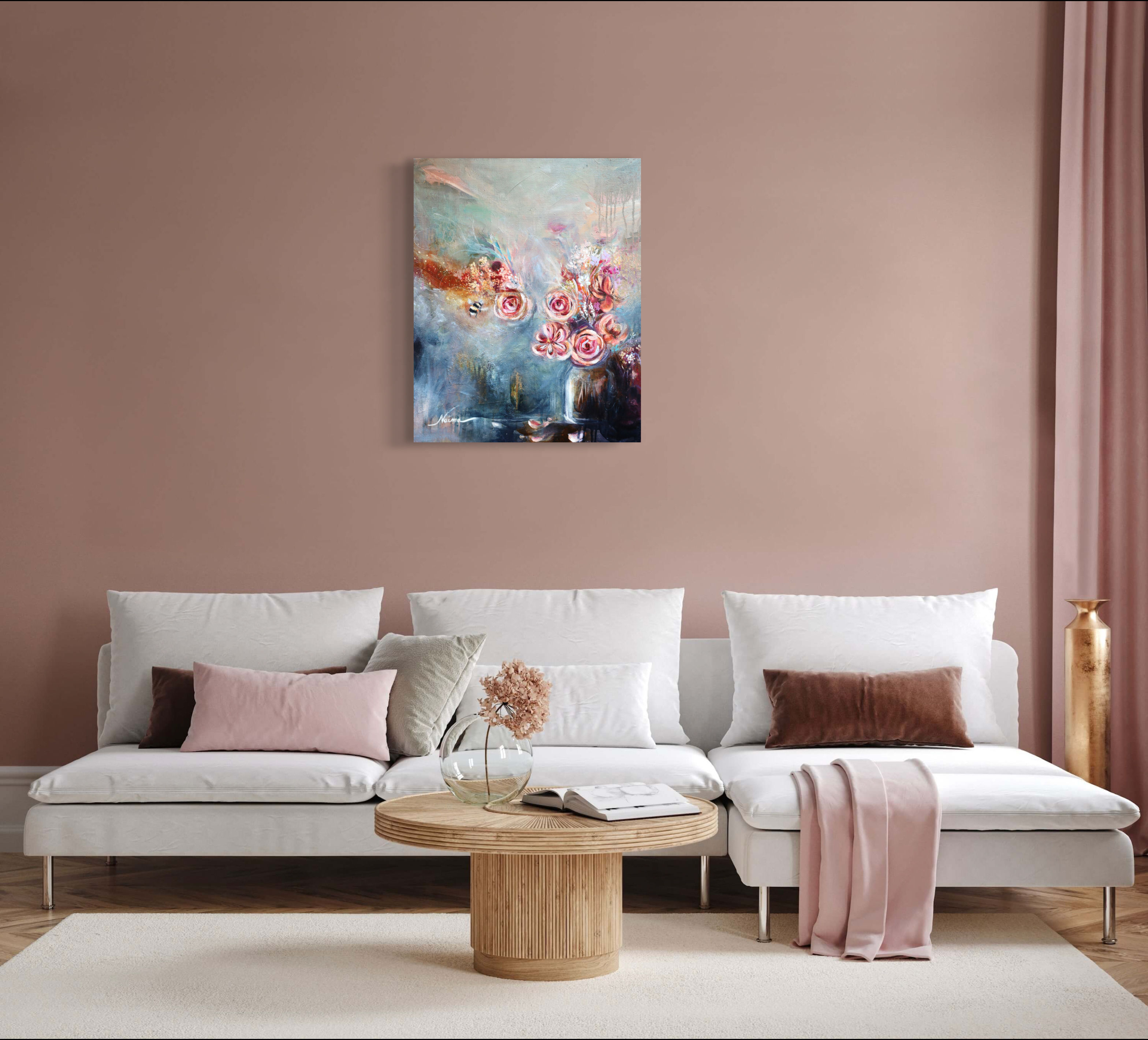 Beautiful roses flower bouquet oil painting, bumblebee art, divine feminine art, sacred feminine energy