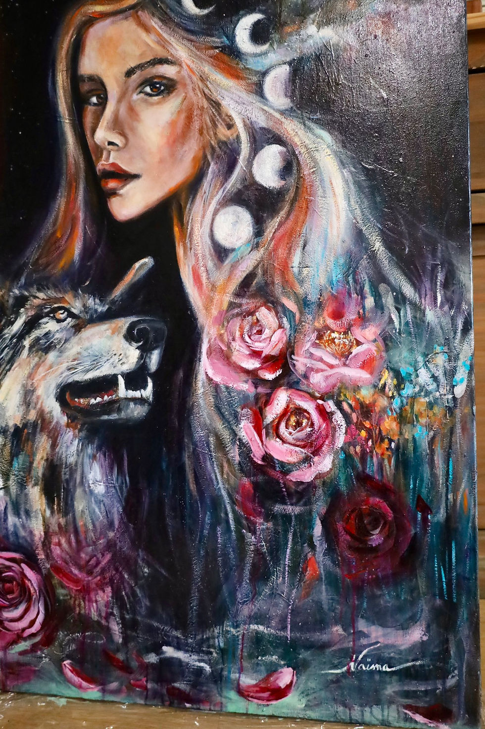 Miniature : wild woman painting, wolf woman art, wolf moon art, half woman half wolf oil painting, moon child woman