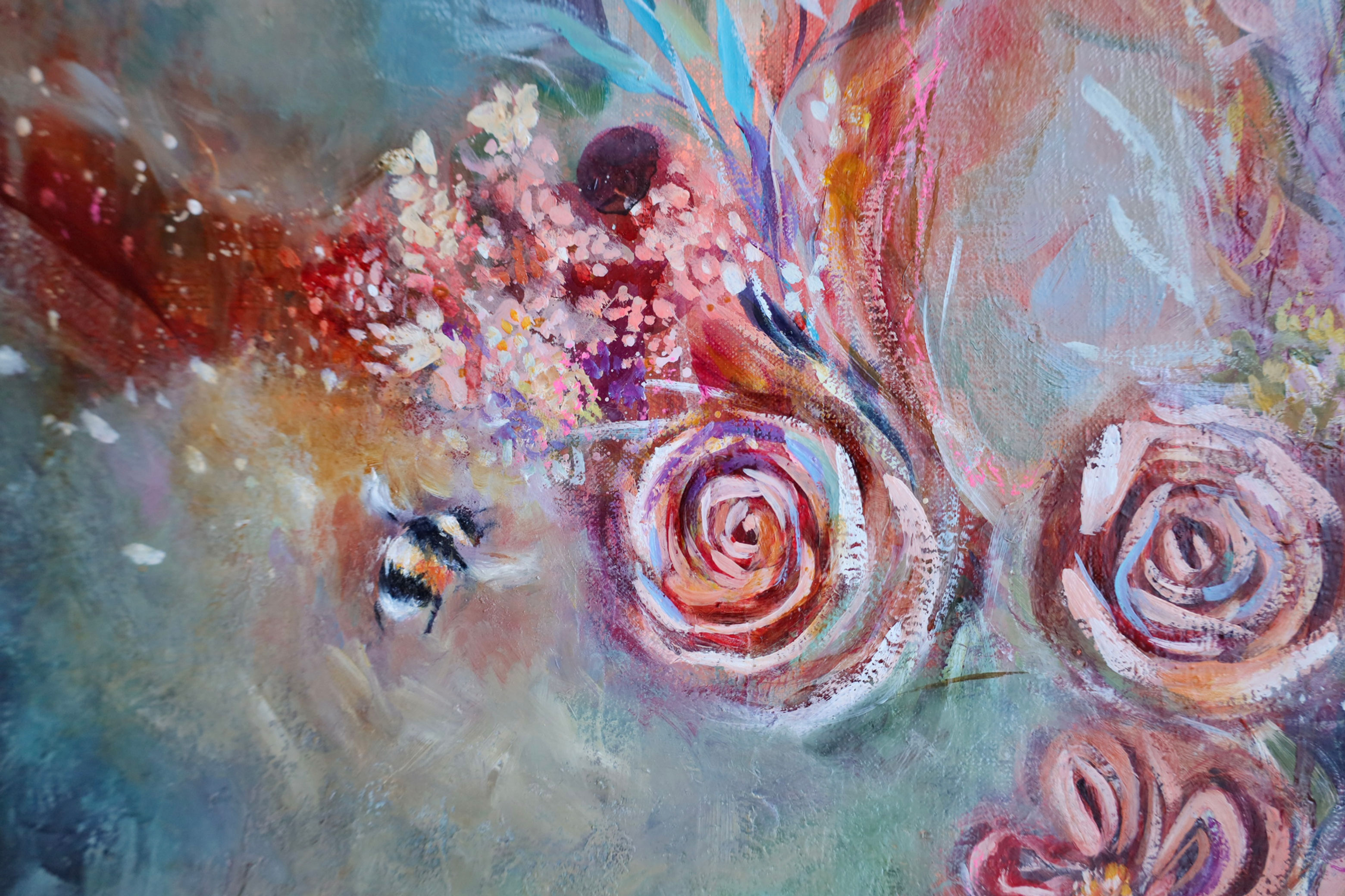 Beautiful roses flower bouquet oil painting, bumblebee art, divine feminine art, sacred feminine energy