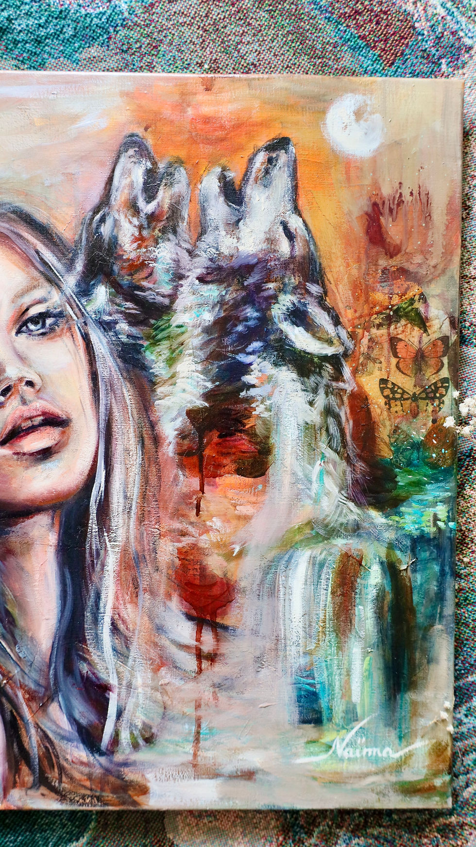 Thumbnail: Oil painting of a woman and two wolves, two wolves artwork, wild woman art