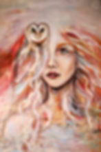 Original oil painting of a woman and an owl representing the wild feminine, divine feminine energy