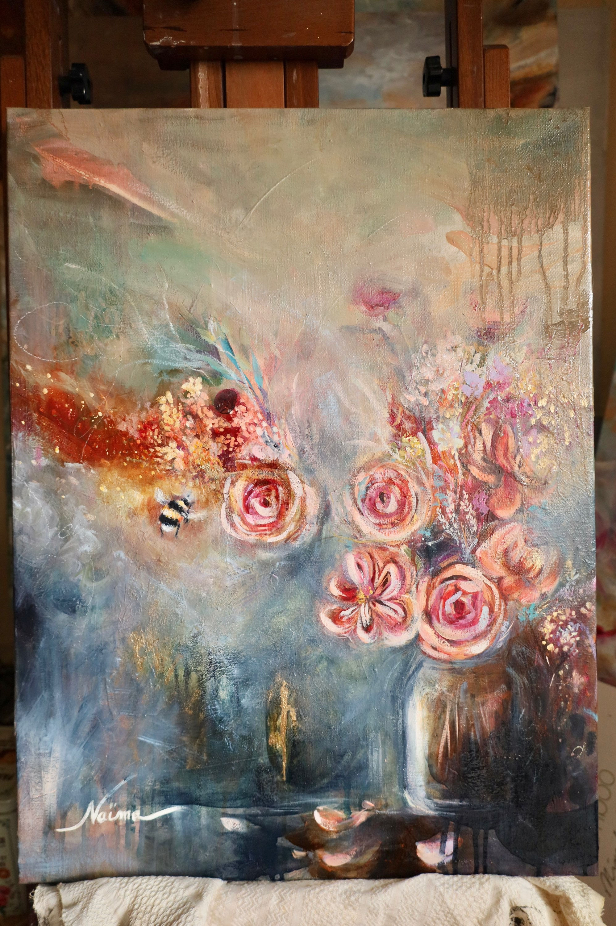 Beautiful roses flower bouquet oil painting, bumblebee art, divine feminine art, sacred feminine energy
