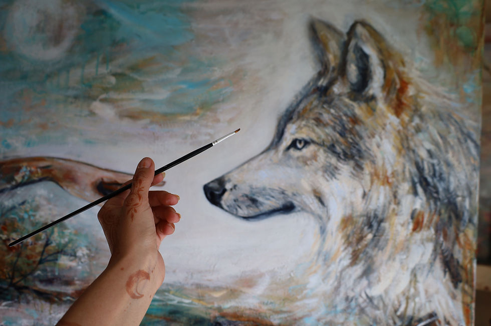 Thumbnail: Beautiful Wolf human connection  oil painting that reflects my love for the wild and the wolves - Wild spirit, soft heart
