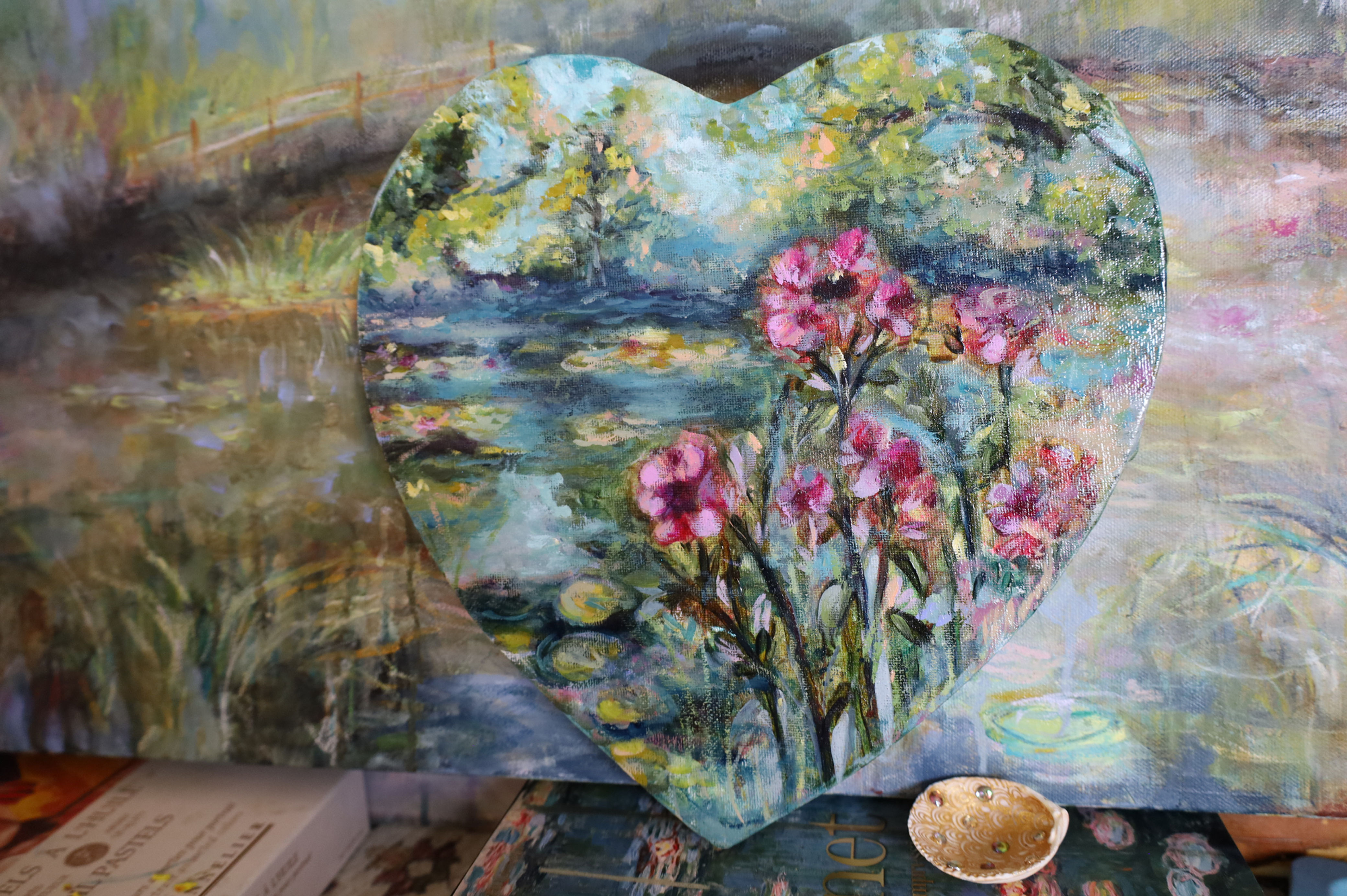 phlox flower painting, claude monet garden, waterlilies, wall art, hearted shaped canvas
