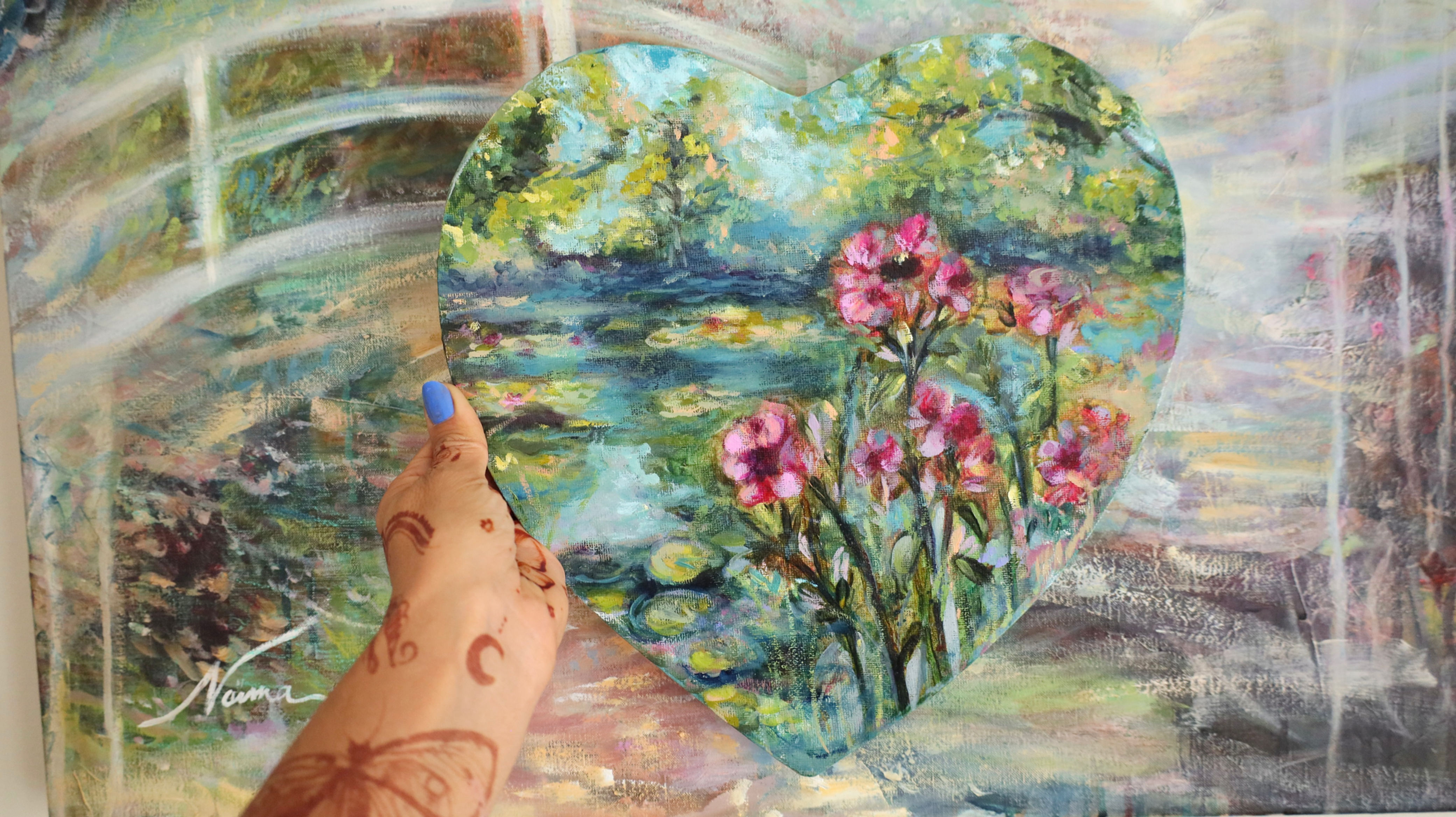 phlox flower painting, claude monet garden, waterlilies, wall art, hearted shaped canvas