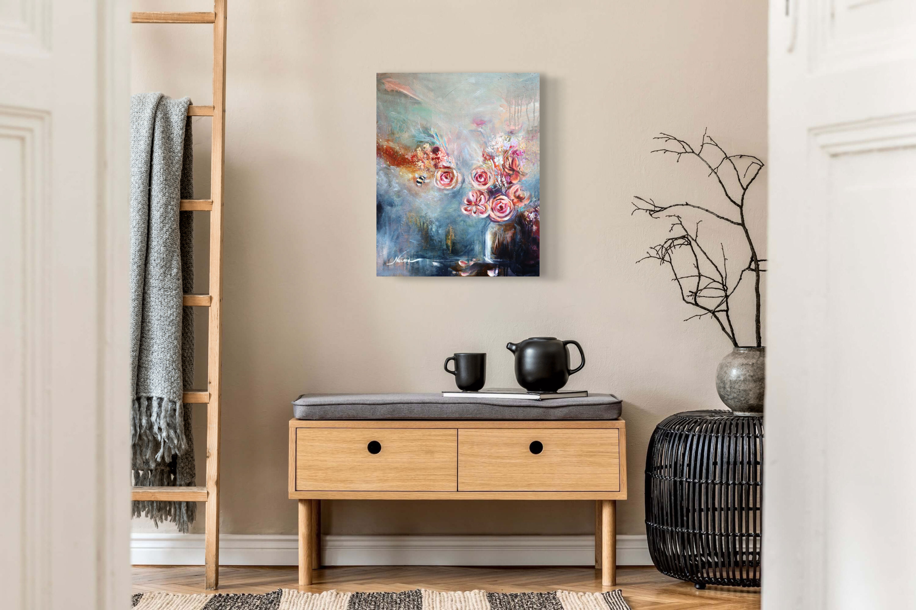 Beautiful roses flower bouquet oil painting, bumblebee art, divine feminine art, sacred feminine energy