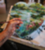 Heart-shaped painting inspired by Claude Monet’s water lily pond with vibrant summer phlox in the foreground