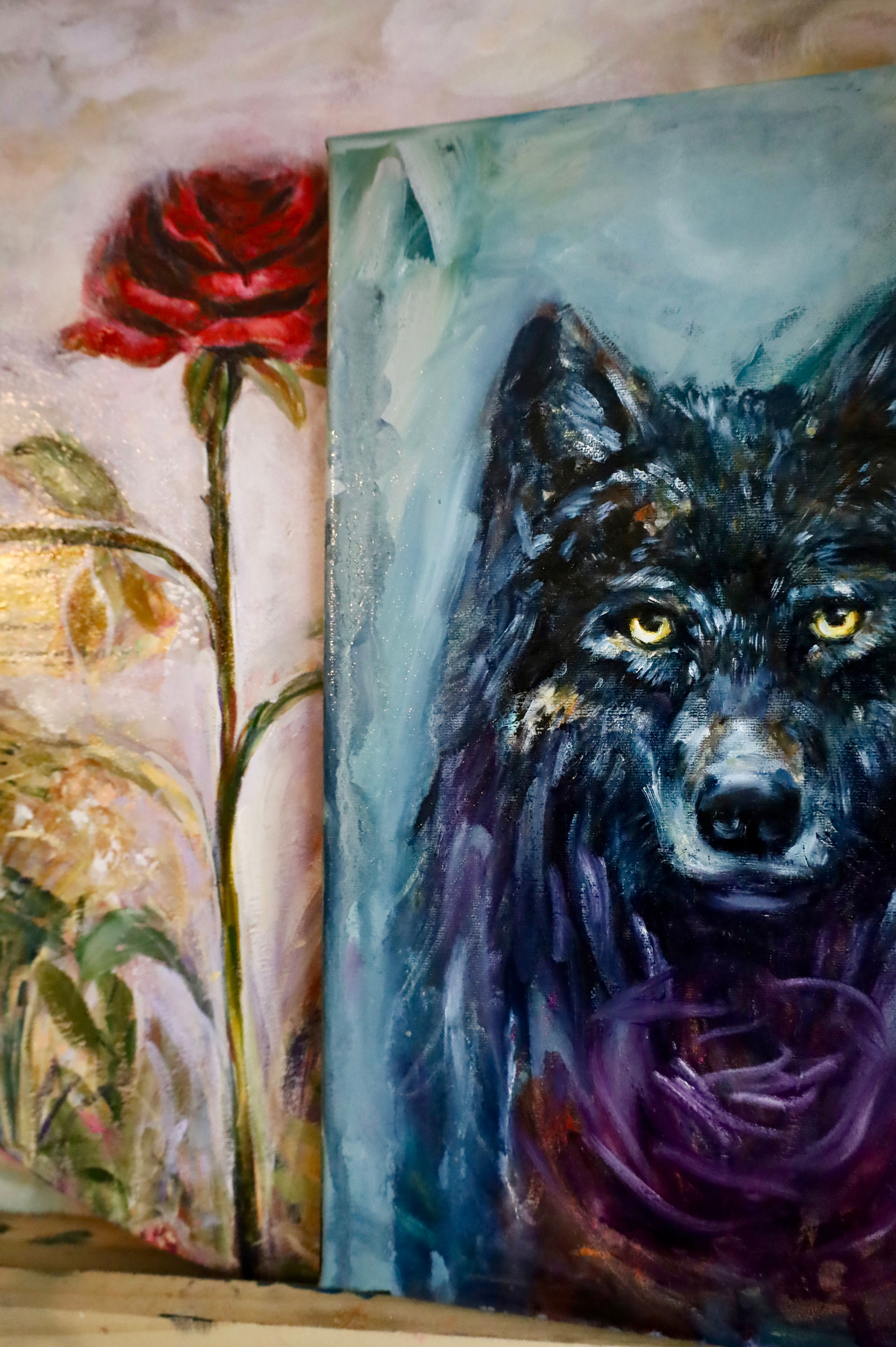 black wolf, dark feminine, oil painting by artist Naima Namaste