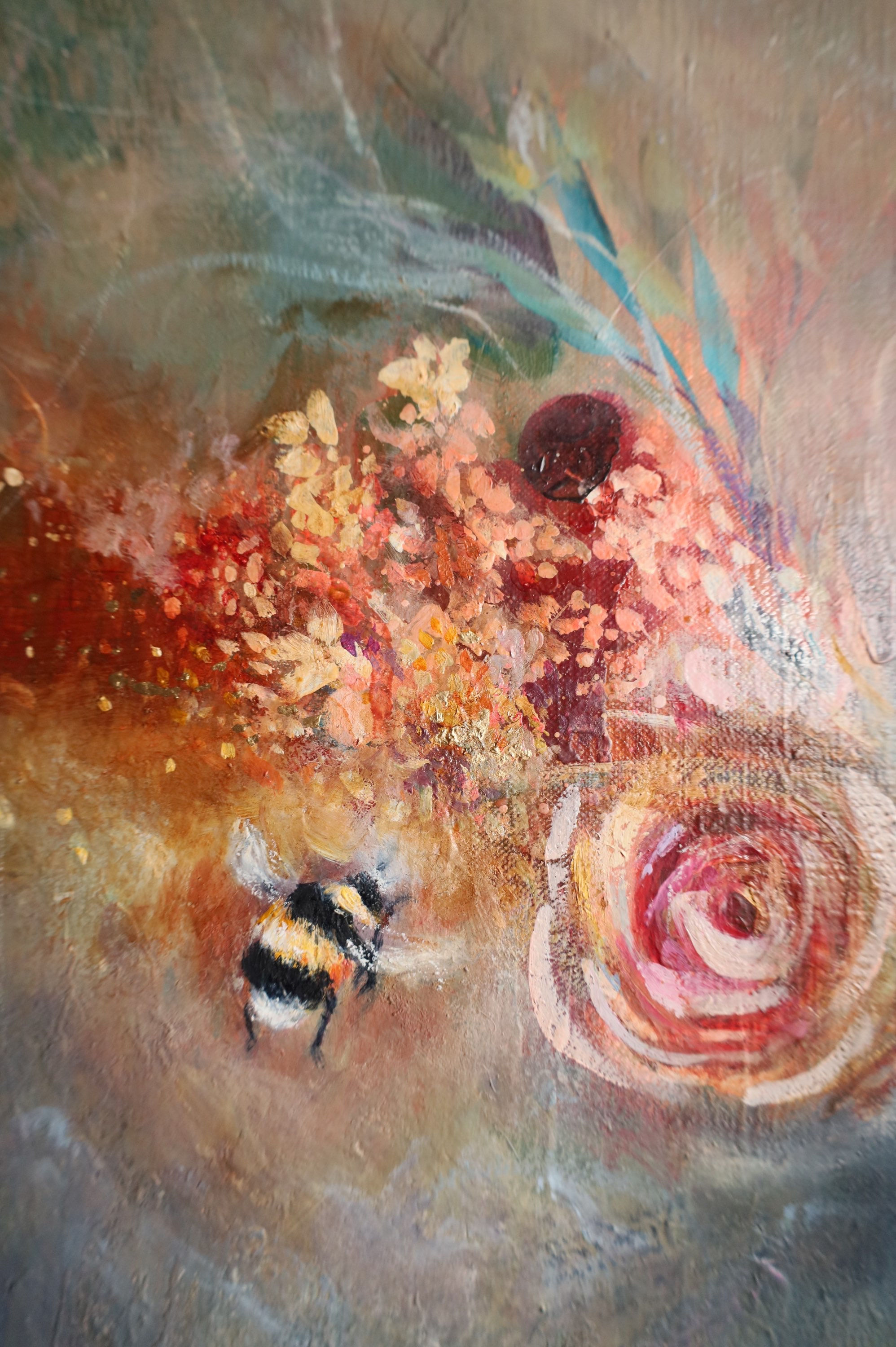 Beautiful roses flower bouquet oil painting, bumblebee art, divine feminine art, sacred feminine energy