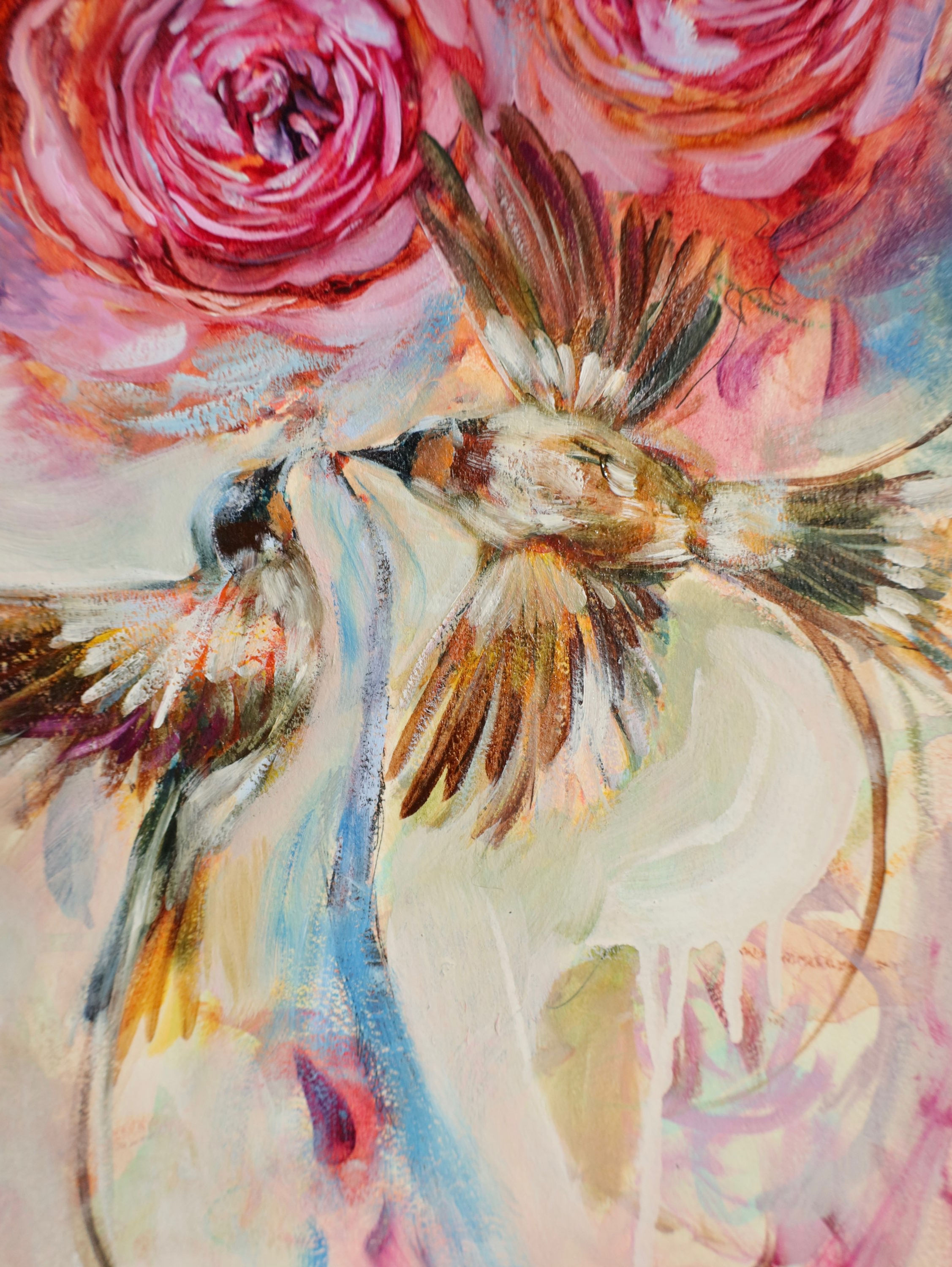 Two birds and Roses oil painting, original art, divine feminine art, feminine energy, art for sale