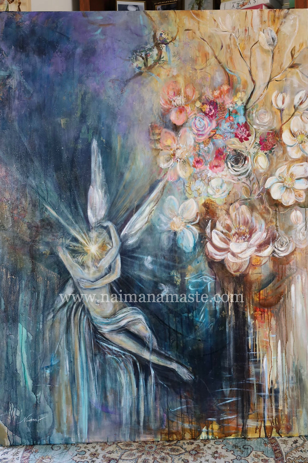 divine feminine art, sacred feminine art, psyche and cupid's kiss, large floral painting, large painting, French artwork, art