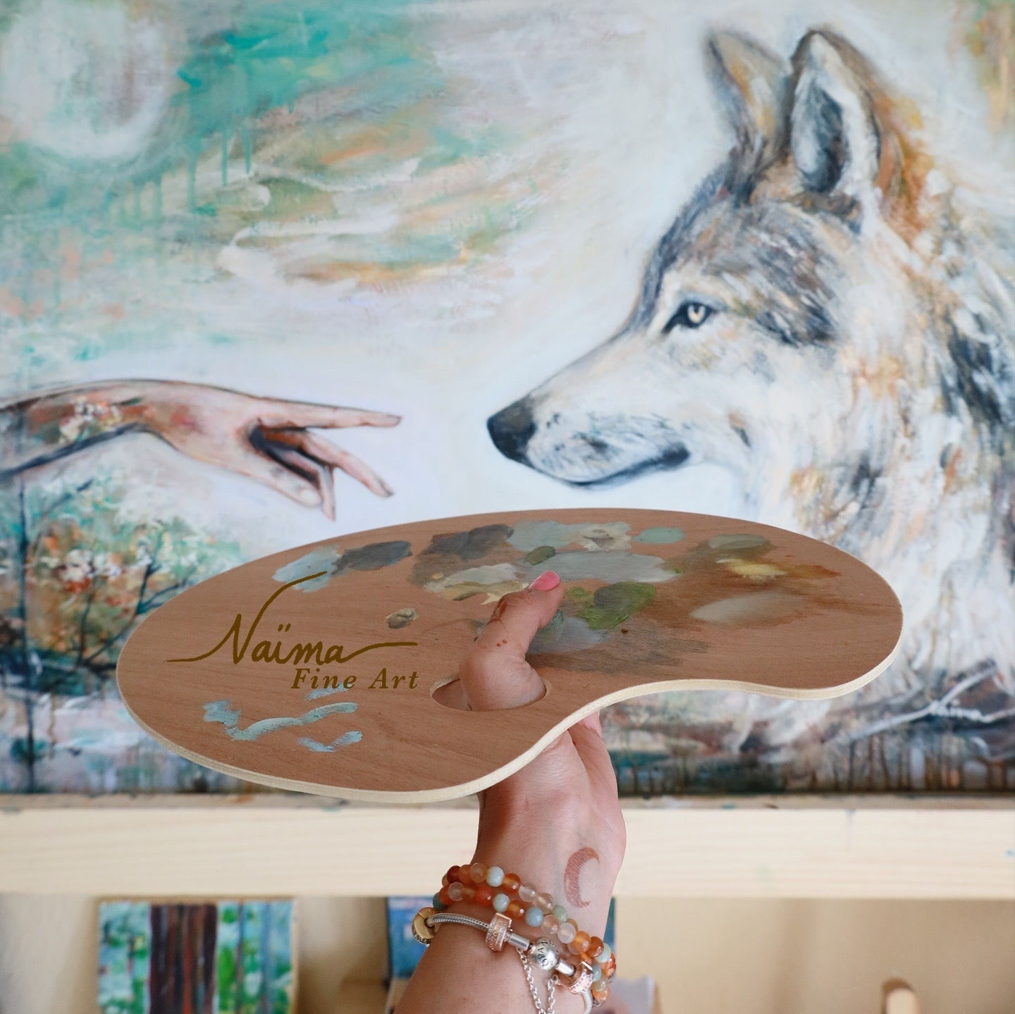 Beautiful Wolf human connection oil painting that reflects my love for the wild and the wolves - Wild spirit, soft heart