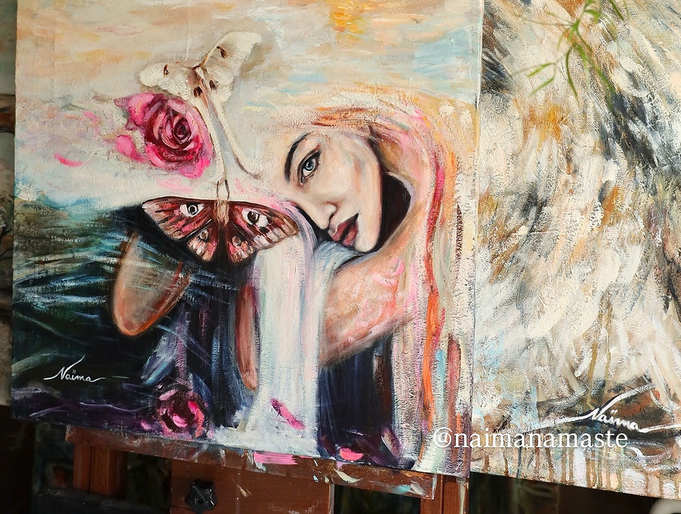 Divine Feminine portrait, woman surrounded by water, roses and butterflies, original art for sale, French artist Naima
