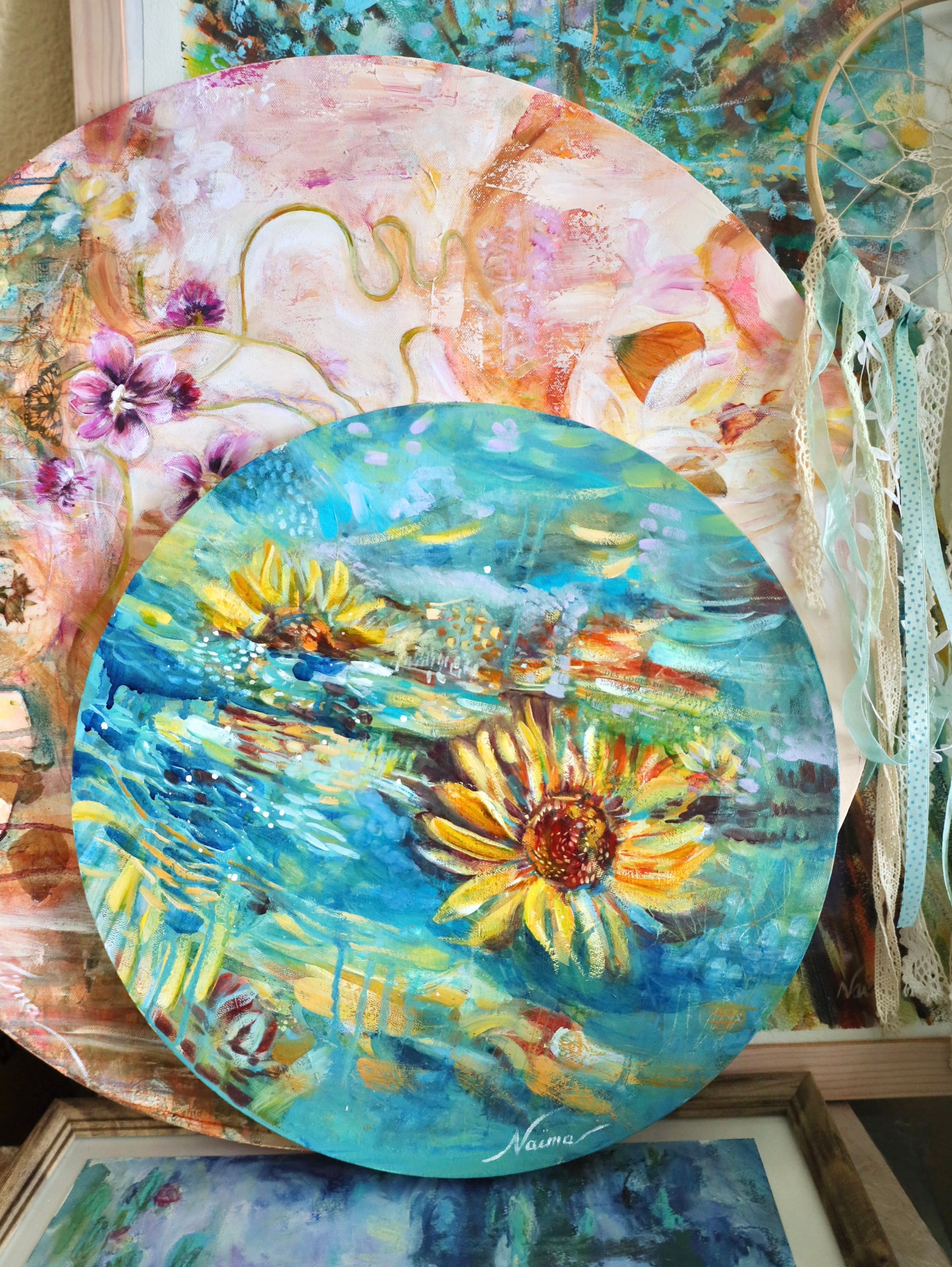 Blue French Riviera oil painting, abstract sunflowers, sea