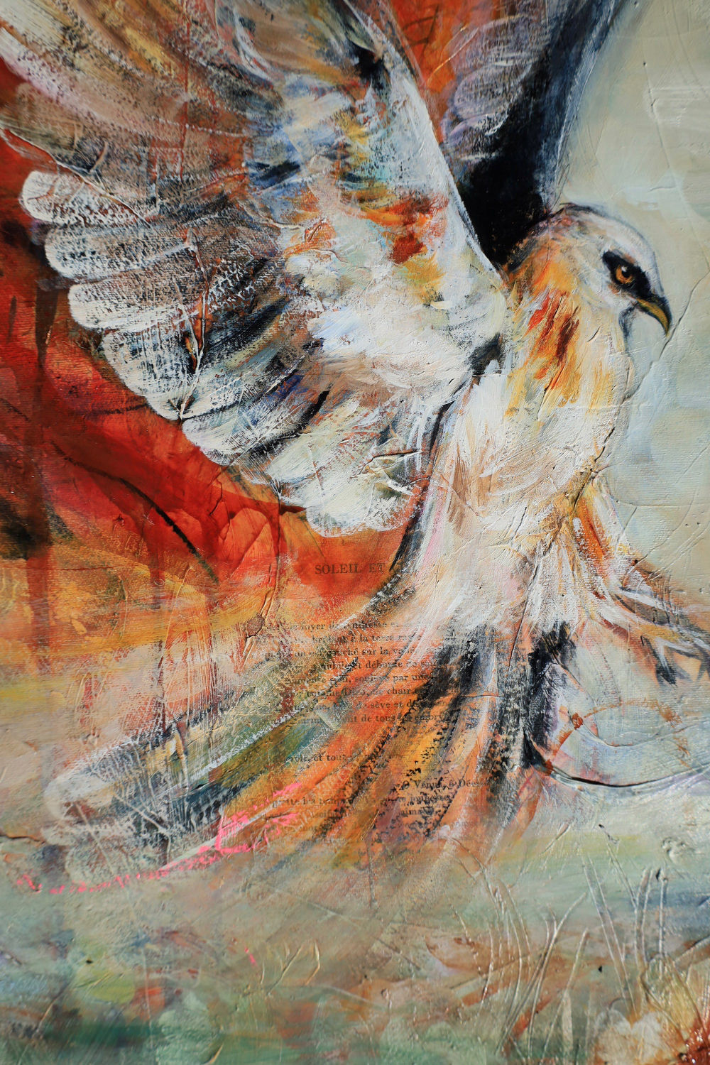 Beautiful flying hawk painting landing on a flower, waterlilies water garden