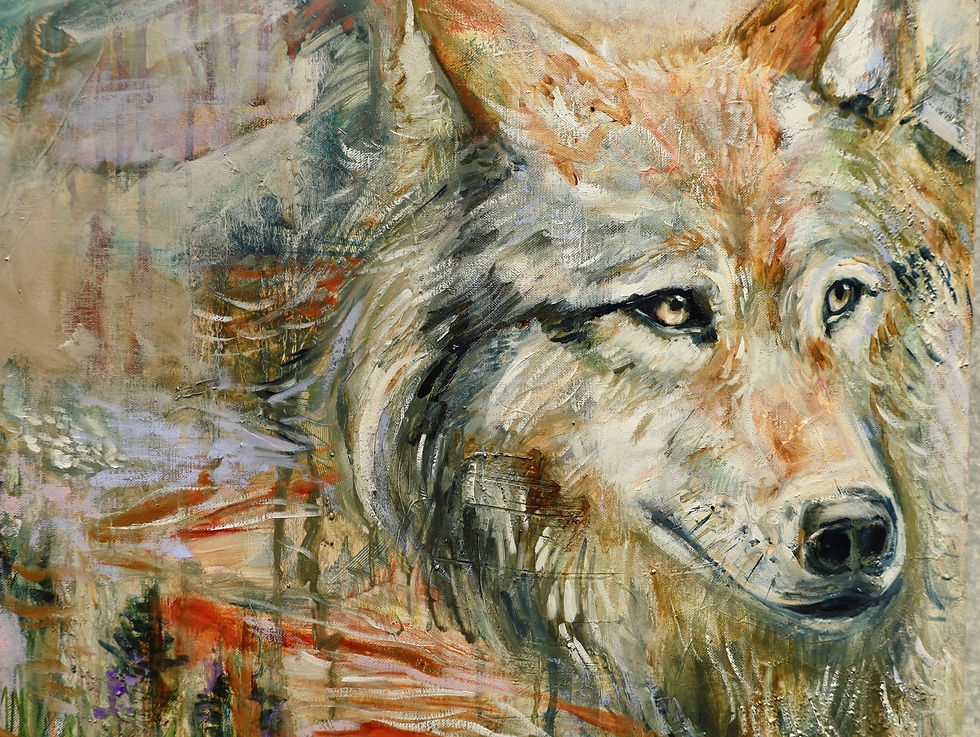 Thumbnail: Painting of a grey Yellowstone wolf standing still in soft light, symbolizing quiet strength and wild beauty.