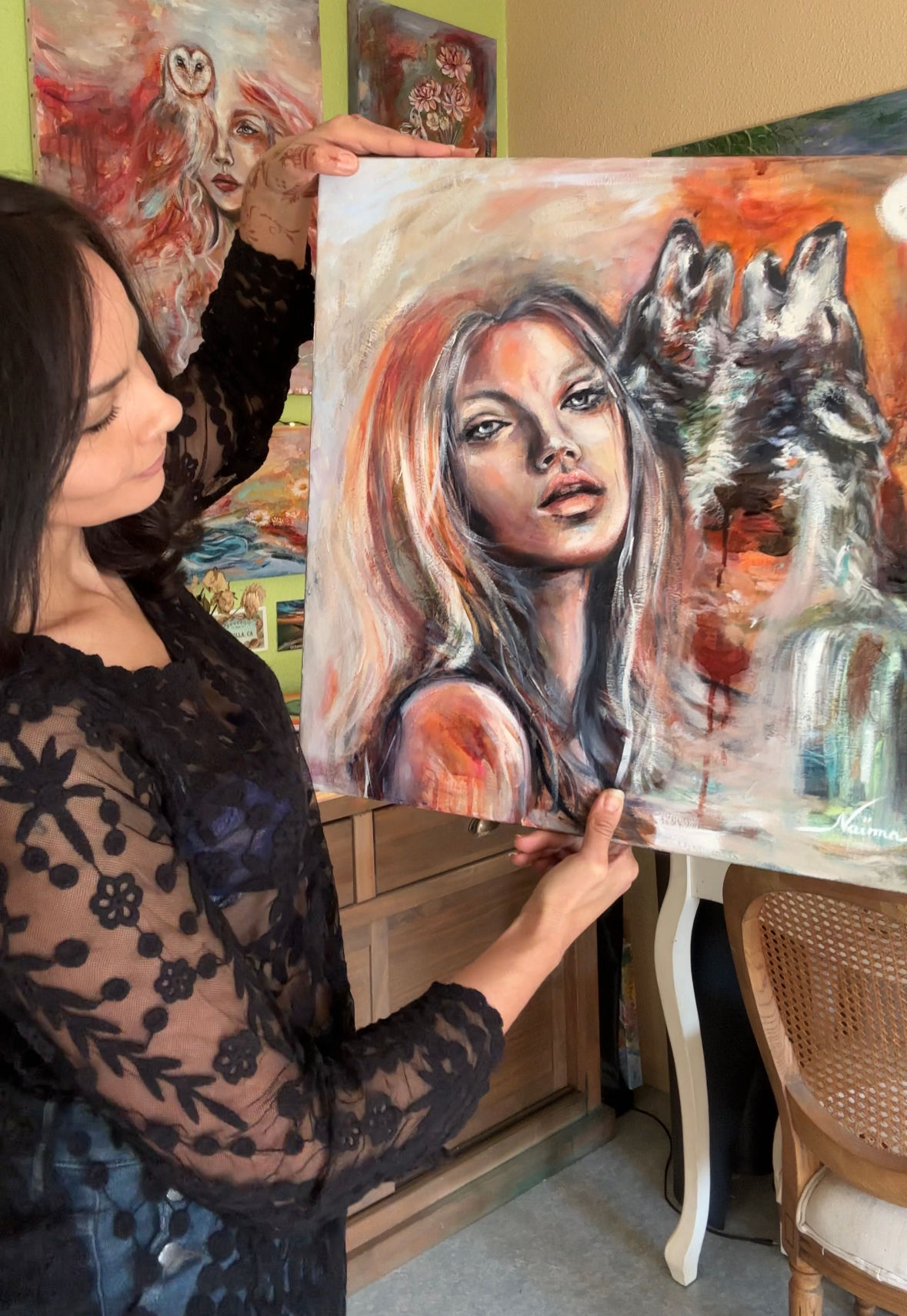Oil painting of a woman and two wolves, two wolves artwork, wild woman art