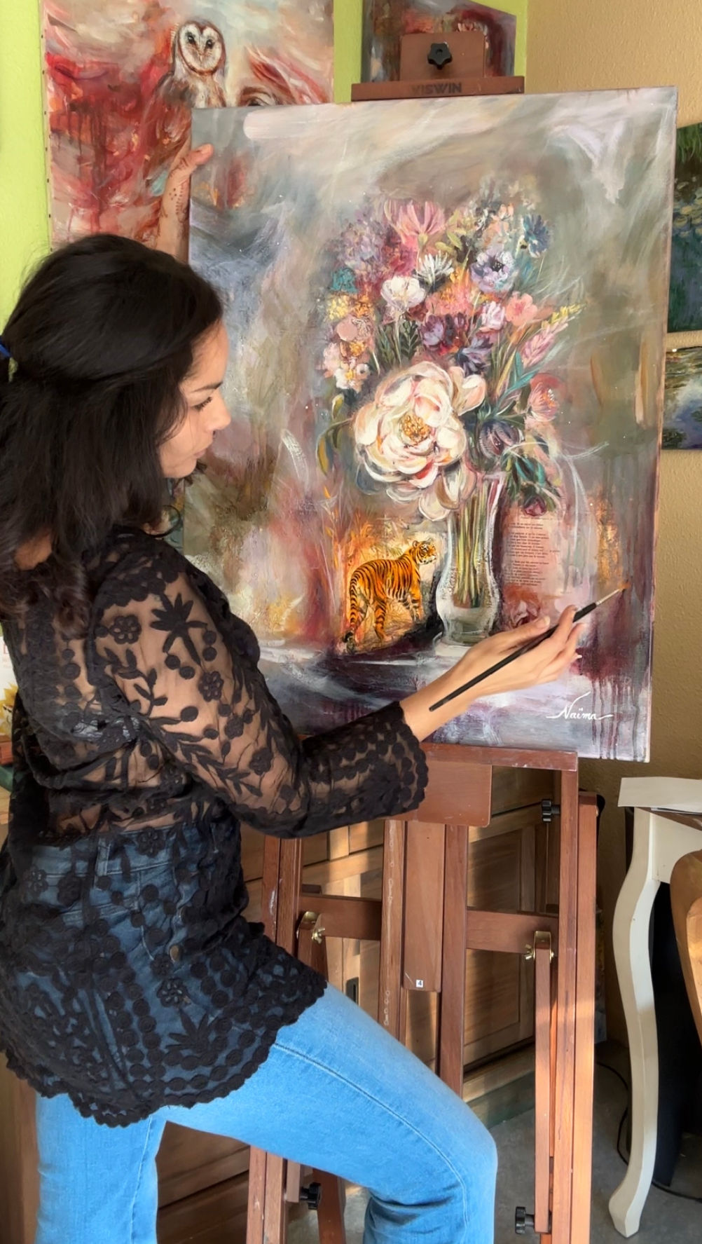 Beautiful French Oil painting Peony and Lavender, flower bouquet with a tiger