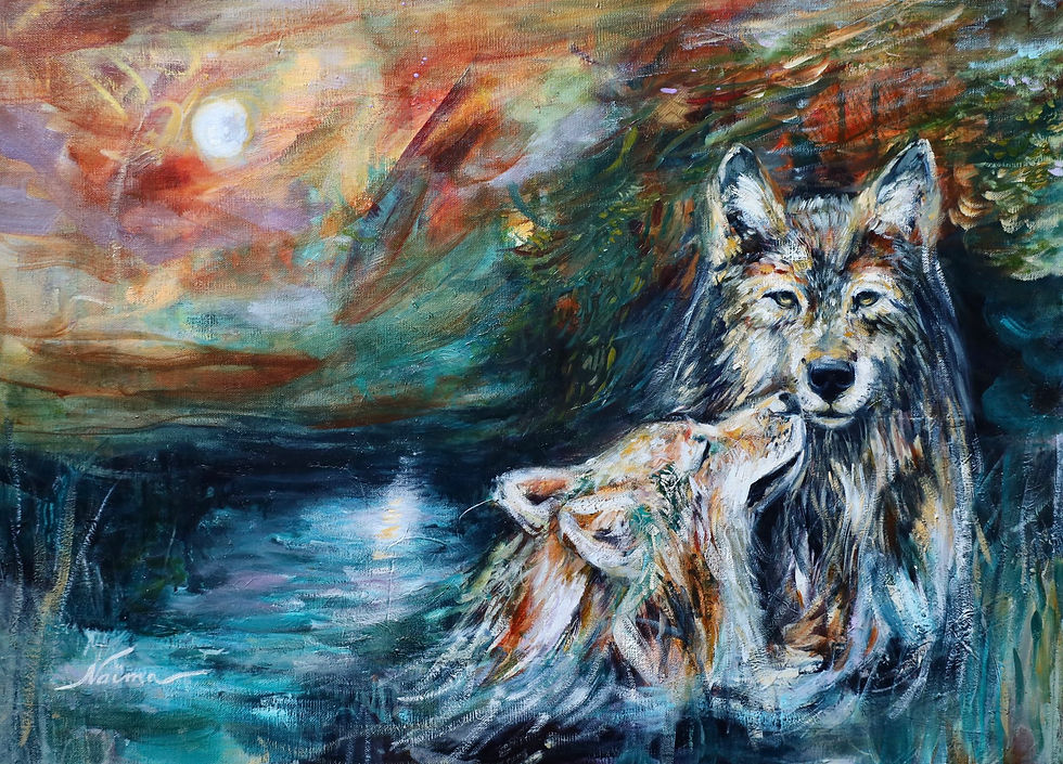 Thumbnail: A soulful painting of two wolves in natural earthy shades, inspired by Vancouver Island’s coastal landscapes.