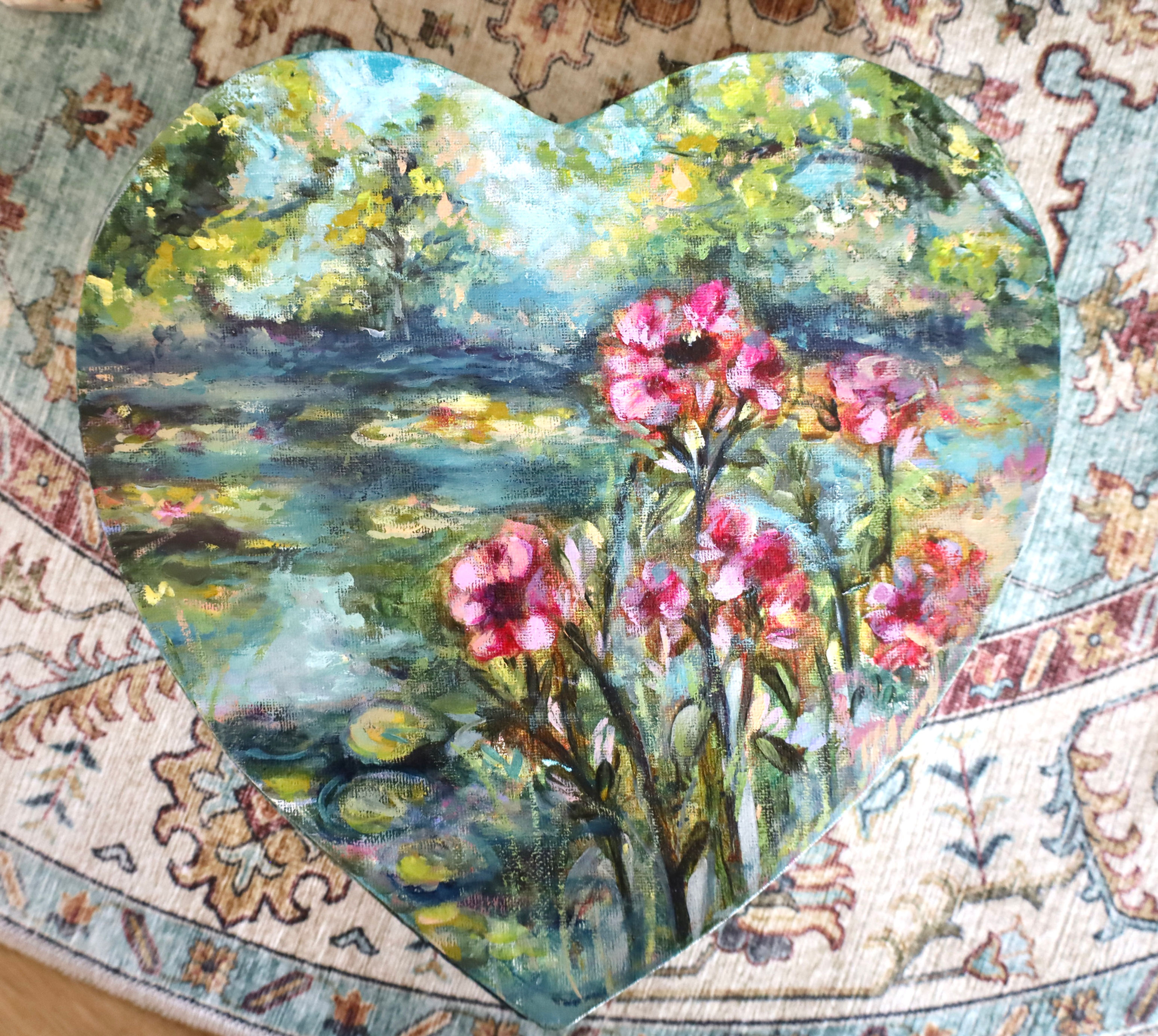 phlox flower painting, claude monet garden, waterlilies, wall art, hearted shaped canvas