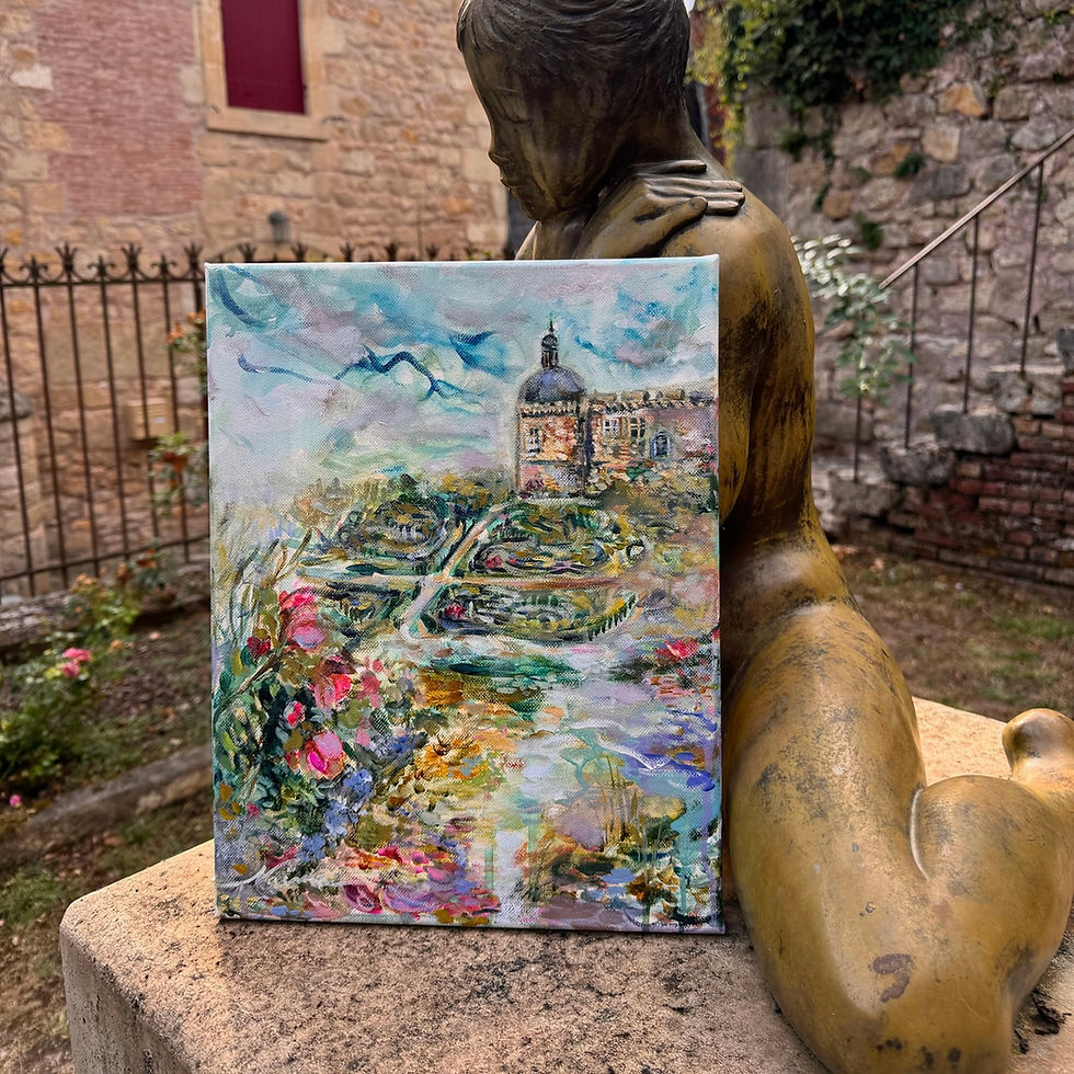 Miniature : Oil painting of the Chateau Hautefort in Dordogne surrounded by its beautiful French garden and roses