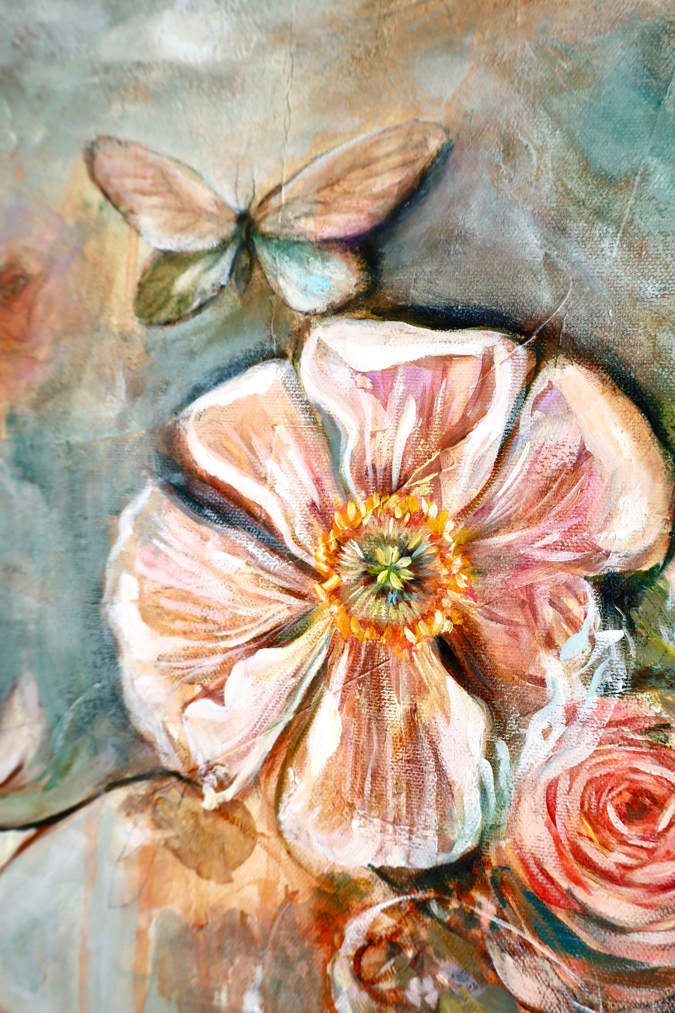 Flower bouquet painting, floral artwork, desert painting, soft feminine art, feminine artwork, moon child art