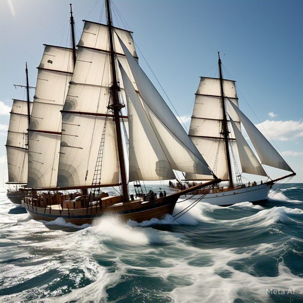Na estratégia de Comboios, navios navegam juntos para unir esforços contra incursões inimigas. Imagem gerada pela Meta IA.