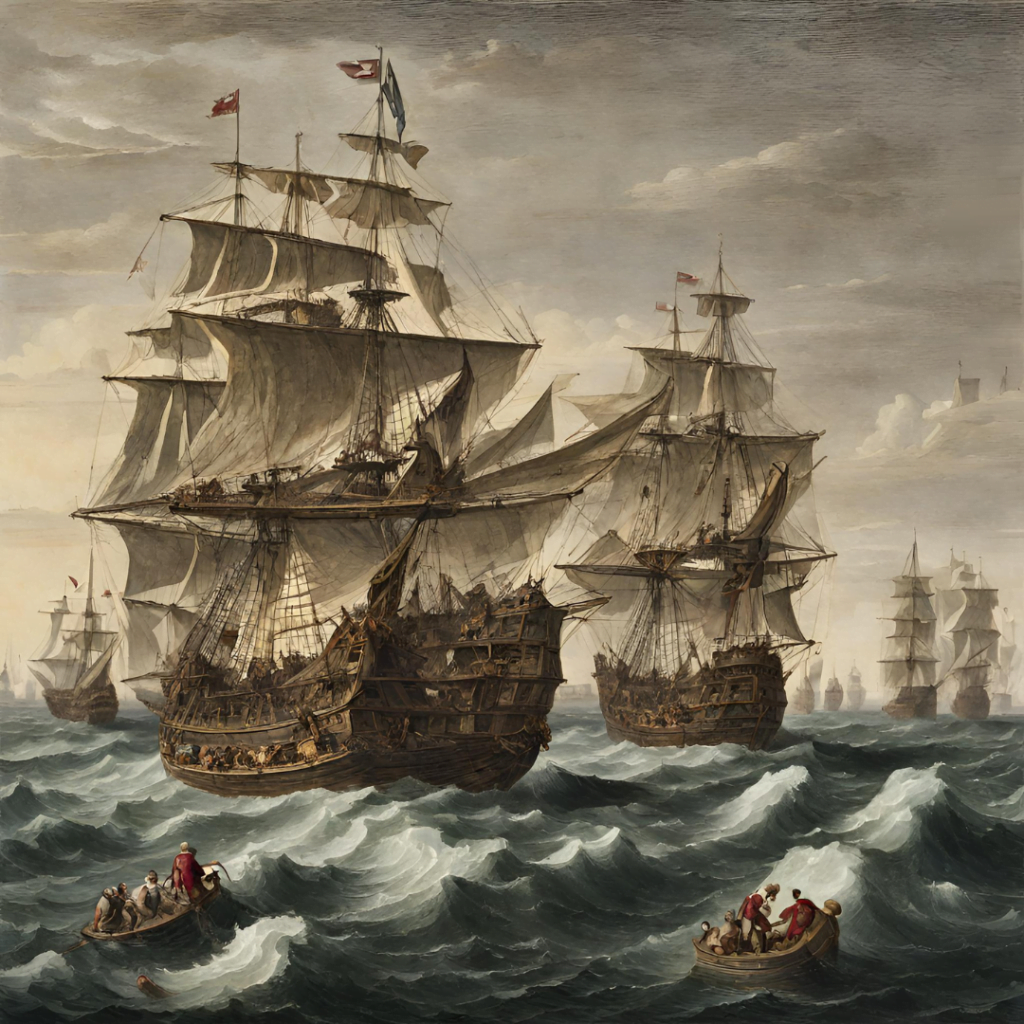 Os espanhóis reuniam seus navios em grandes comboios para proteger seus tesouros contra pirataria e corsários de nações inimigas. Fonte: Canva, Imagem gerada por I.A.