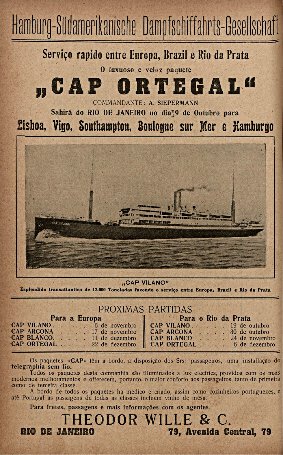 Peça Gráfica, em preto e branco, contendo propaganda da Companhia de Navegação alemã "Hamburg Süd", destacando o paquete (navio a vapor), "Cap Vilano"
