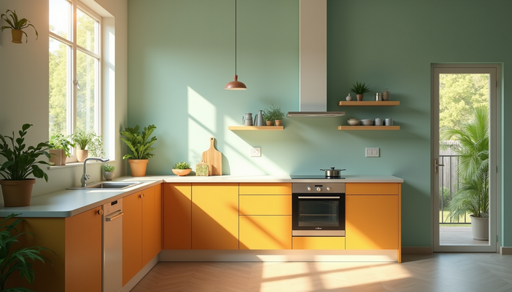 High angle view of a bright and eco-friendly painted kitchen with natural light