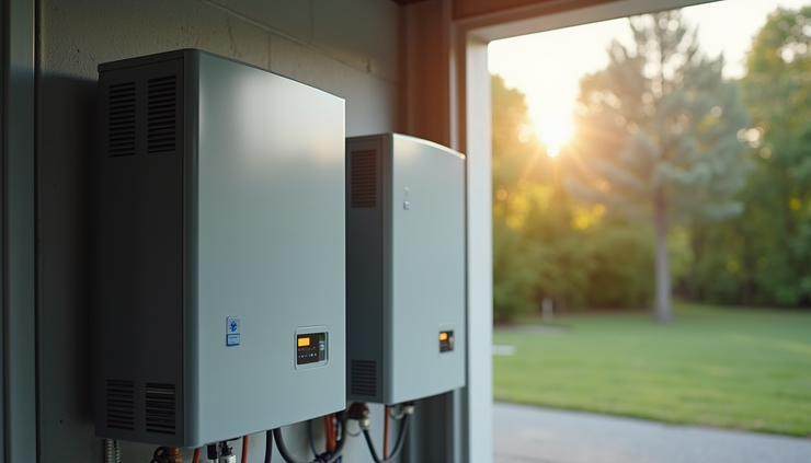 Close-up view of a solar inverter and battery storage unit installed in a Massachusetts home garage