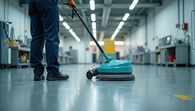 Eye-level view of a professional cleaning a large commercial floor with an industrial floor scrubber
