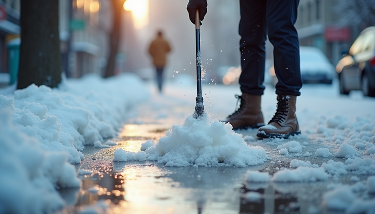 Close-up view of a person spreading ice melt on a snowy sidewalk