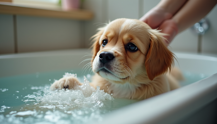 Close-up view of a dog being gently bathed in a shallow tub