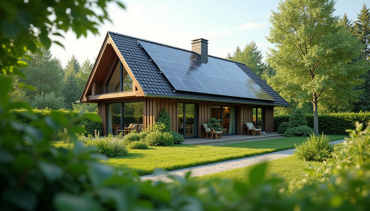 Eye-level view of a modern home with solar panels and green landscaping